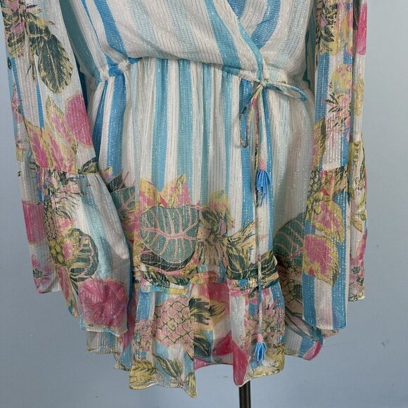Rococo Sand Lily Drawstring Tassel Tie Floral Mini Dress Bell Sleeves Size Small - Picture 4 of 16